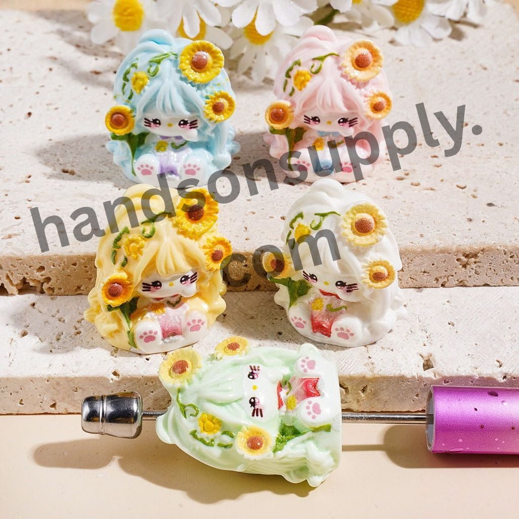 Cute Cat Character with Graceful Long Hair & Sunflower Acrylic Beads for Figurines and Pen Toppers, 26×31MM, Multi-Color Random Mix