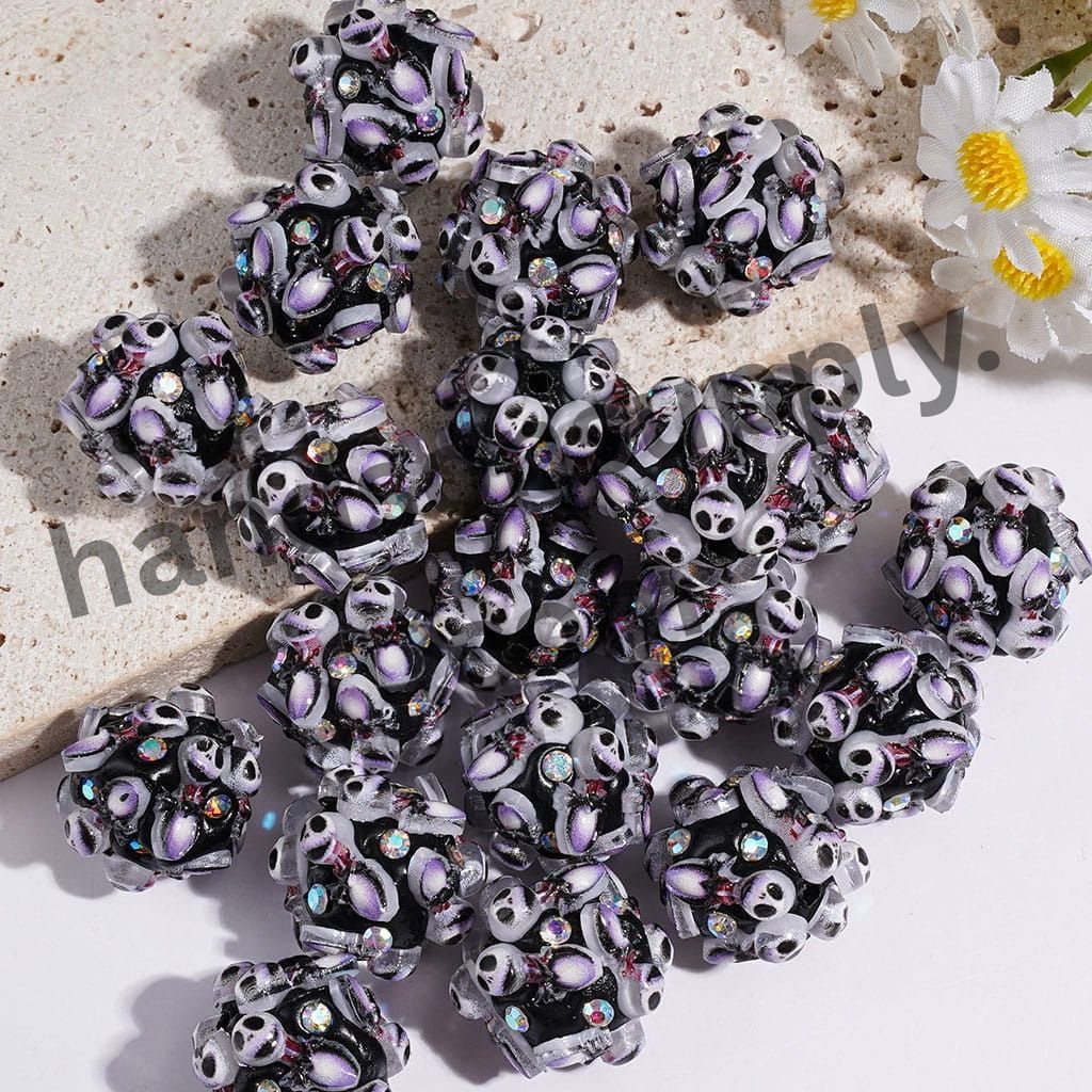 Boy Skull Head Clay Beads with AB Rhinestones, 20MM, Black & White, Random Mix