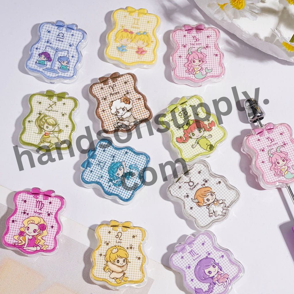 Cute Zodiac Girl Twelve Constellation Baby Character Acrylic Beads, Wavy-Edged Square Shape with Bow, 25×29MM, Multi-Color, Random Mix