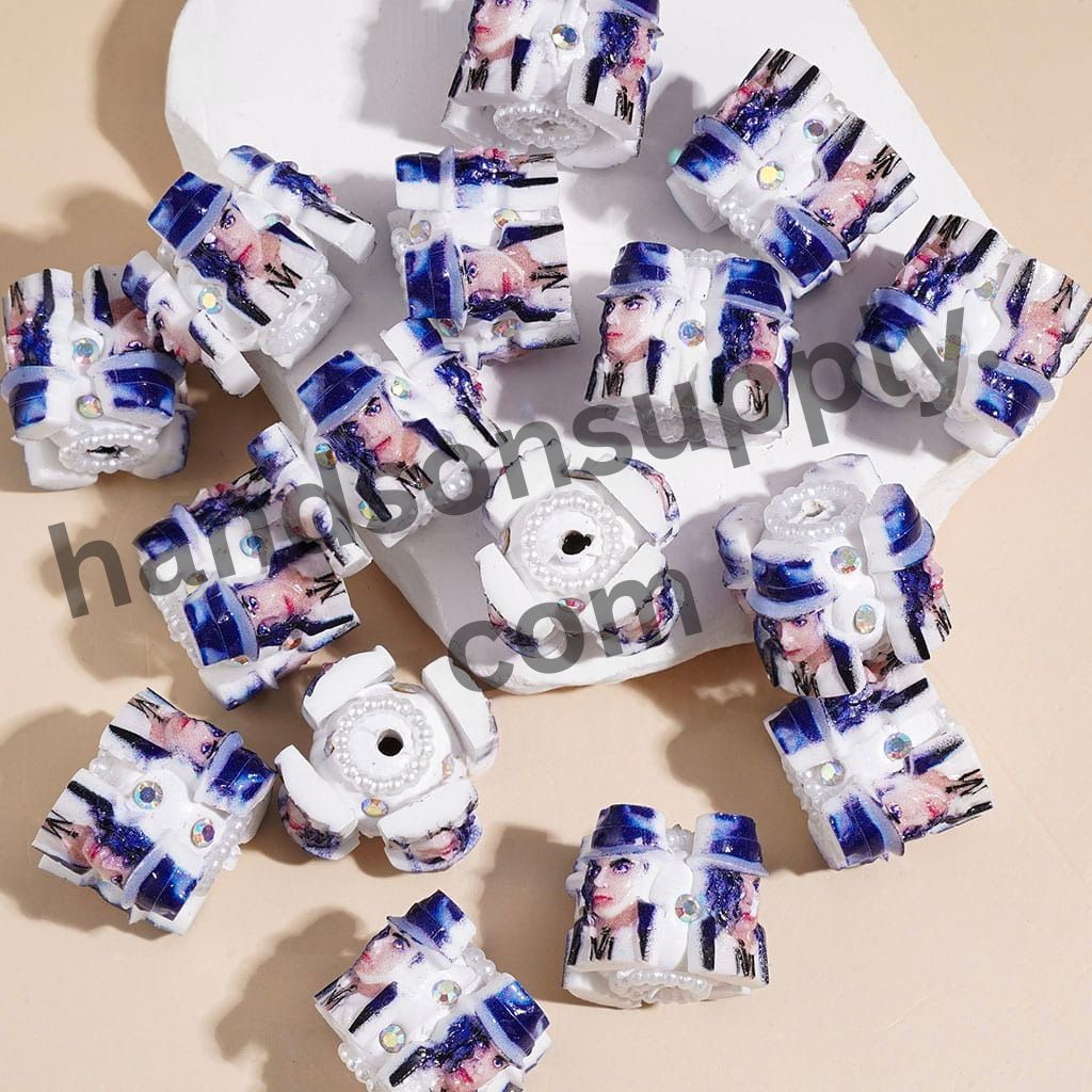USA American Singer Character Stylish Girl Fashion Lady Blue Series Clay Beads with AB Rhinestones & White Pearl, 19MM