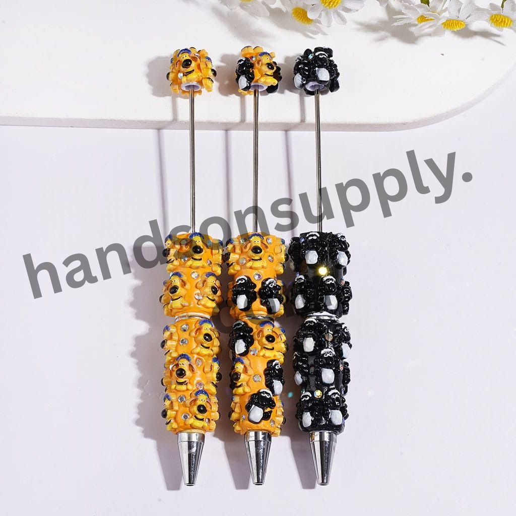 Cute Mountain Goat & Sheepdog Character Handmade Clay Beadable Pens, Animal Character Design, Black & Orange, Assorted Styles, Random Mix