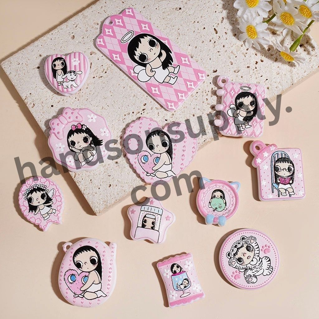 Cute Angel Girl Cartoon Character Designs in Pink Series Acrylic Beads and Pendants, Random Mix