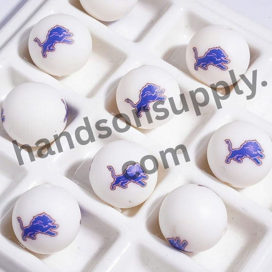 Detroit American Football Blue Lion Print Round Silicone Beads for DIY Bracelets, 15MM