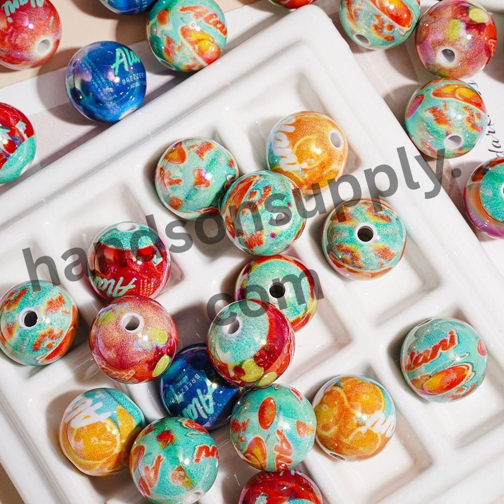UV-Coated Energy Drink Prints, Round Acrylic Beads for Bracelets, 16MM, Multicolor, Random Mix