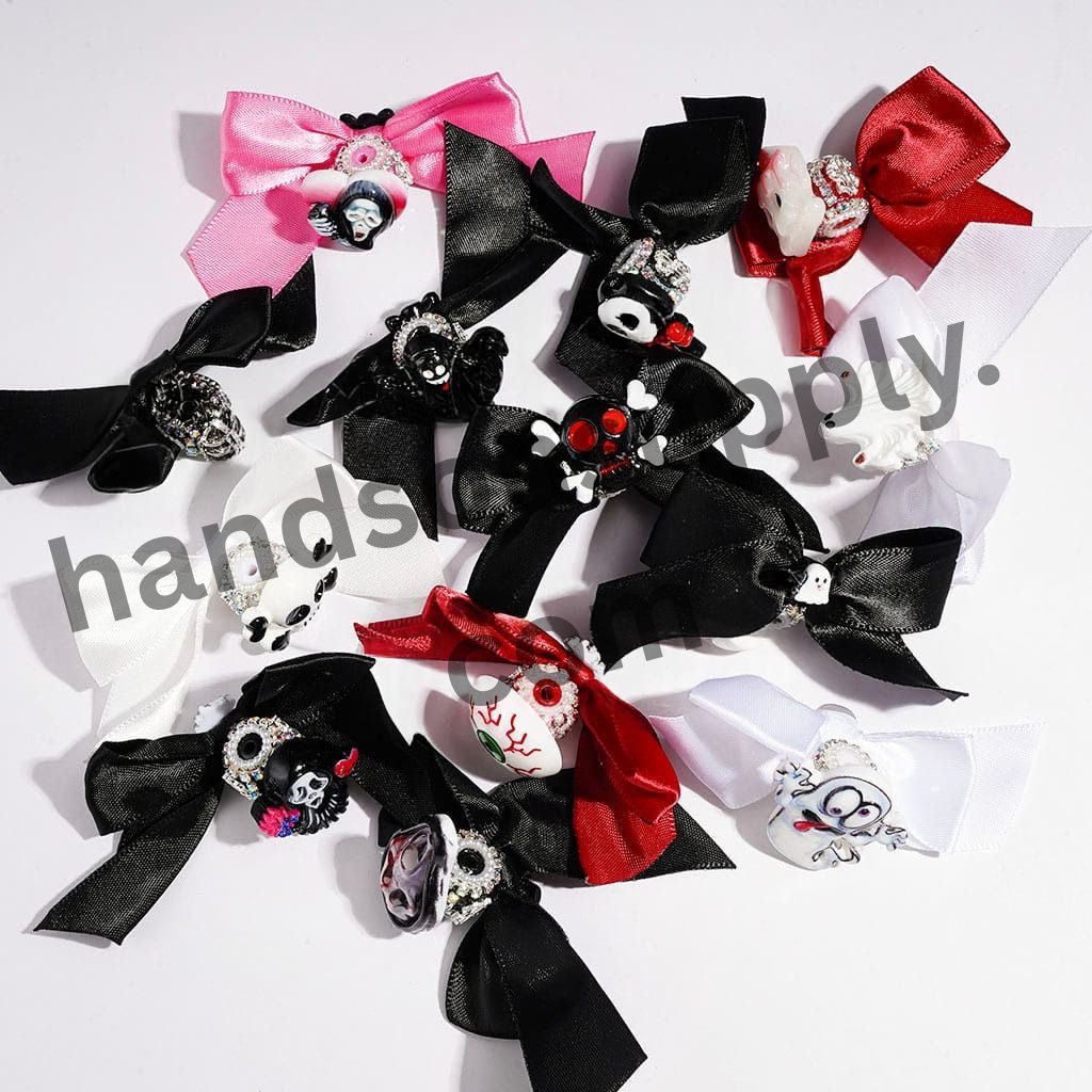Halloween Spooky Character Fabric Bowtie Acrylic Beads with Ghost, Skull, Eyeball & Lollipop Designs, AB Rhinestones & Pearl Chains, Multicolor, Random Mix