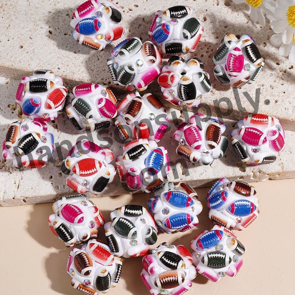 American Football Sports Theme Clay Beads with AB Rhinestone, 19MM, Multi-Color