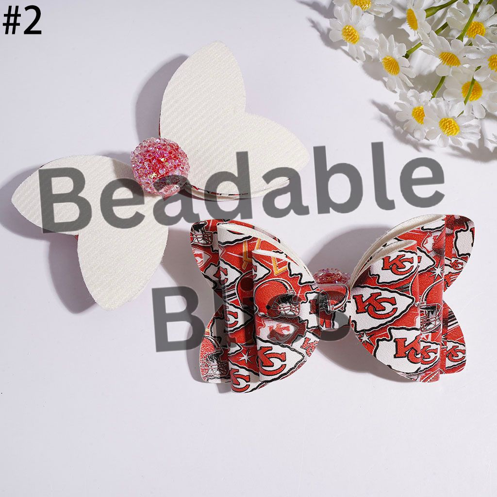 Acrylic Sugar Beads with AB Rhinestone Clear Ball Chains, Fabric Bowtie with American Football Team Pattern Print