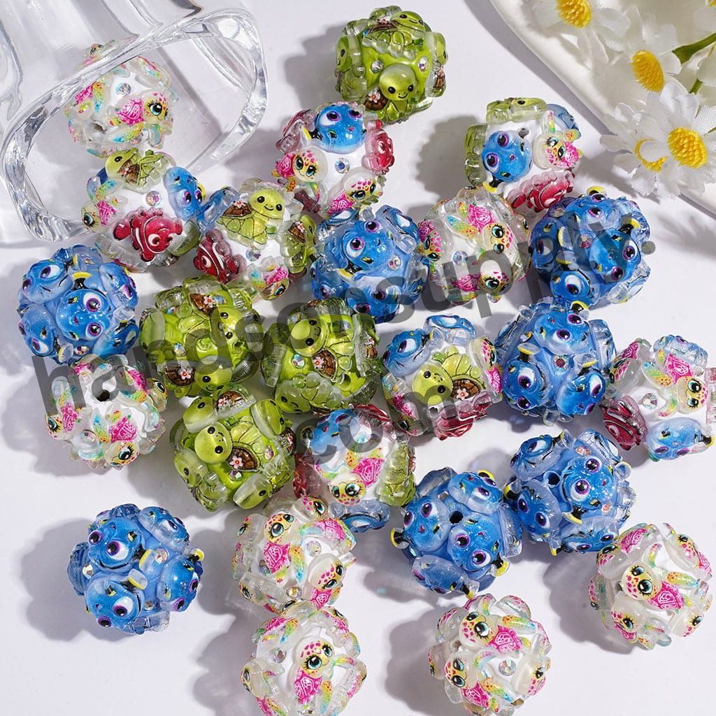 Cute Cartoon Animal Blue Monster, Green Turtle & Pink Character Clay Beads with AB Rhinestones, 21MM, Random Mix
