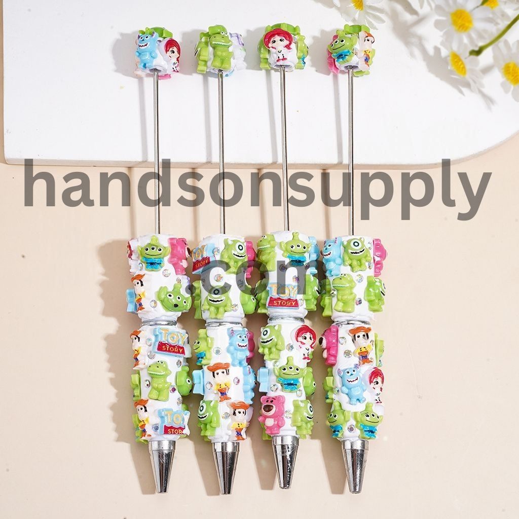 Cute Cartoon Character Series with Sparkling AB Rhinestones on White Base Beadable Clay Pens