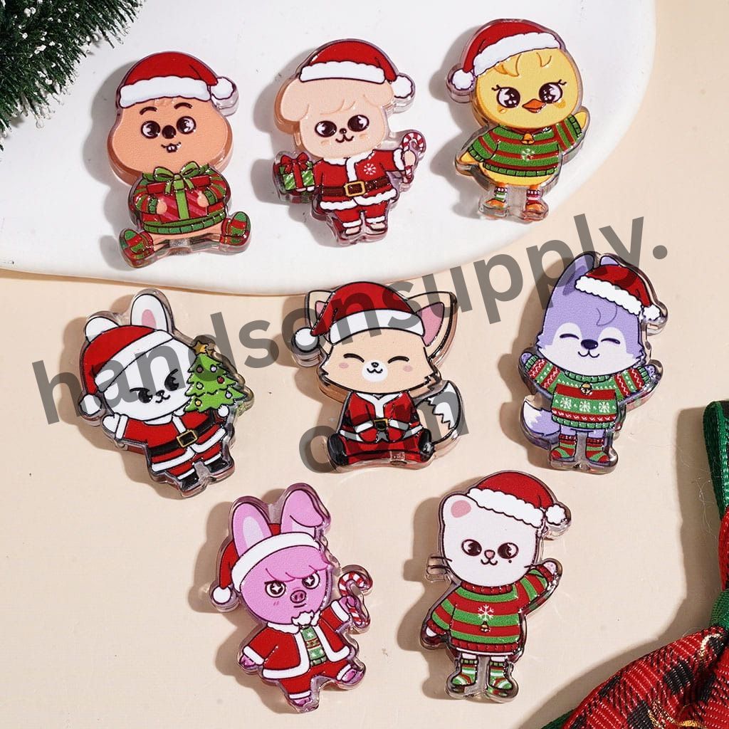 Cute Christmas Animal Character Acrylic Beads, Santa Costume, Reindeer & Holiday Series, Various Styles, Random Mix