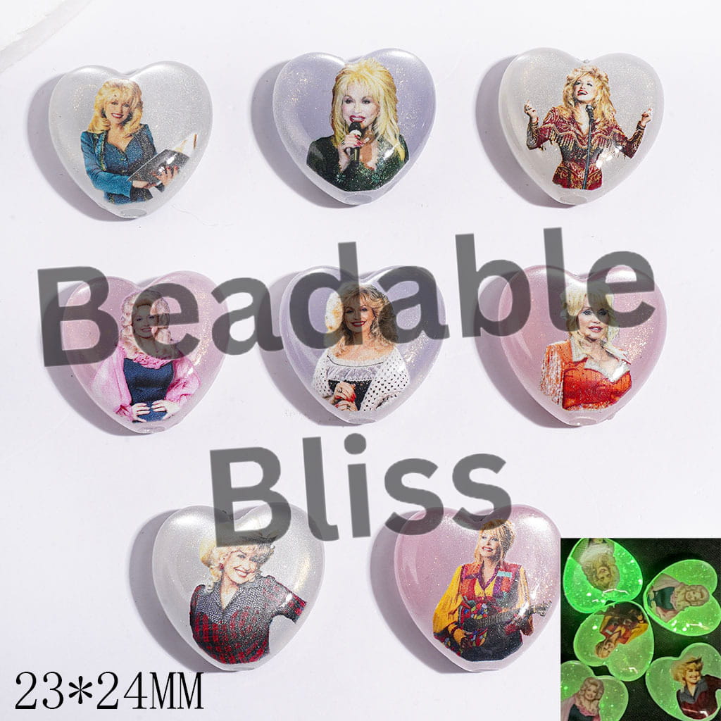Luminous Acrylic Beads Heart with American Countryside Singer Characters and Glitter, 23*24MM Multi-Color Random Mix