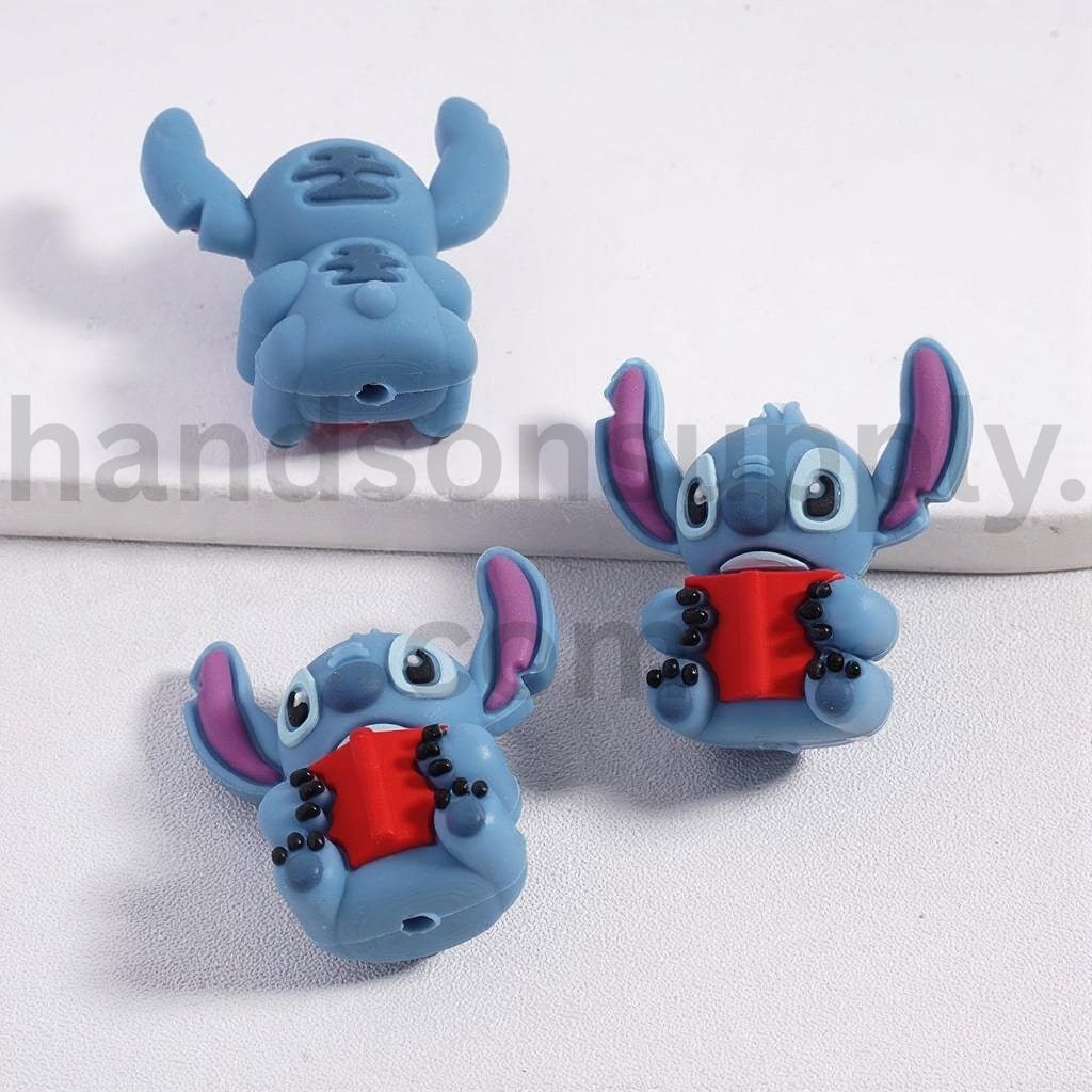 3D Cute Blue Monster Holding Book or Doll Silicone Focal Beads