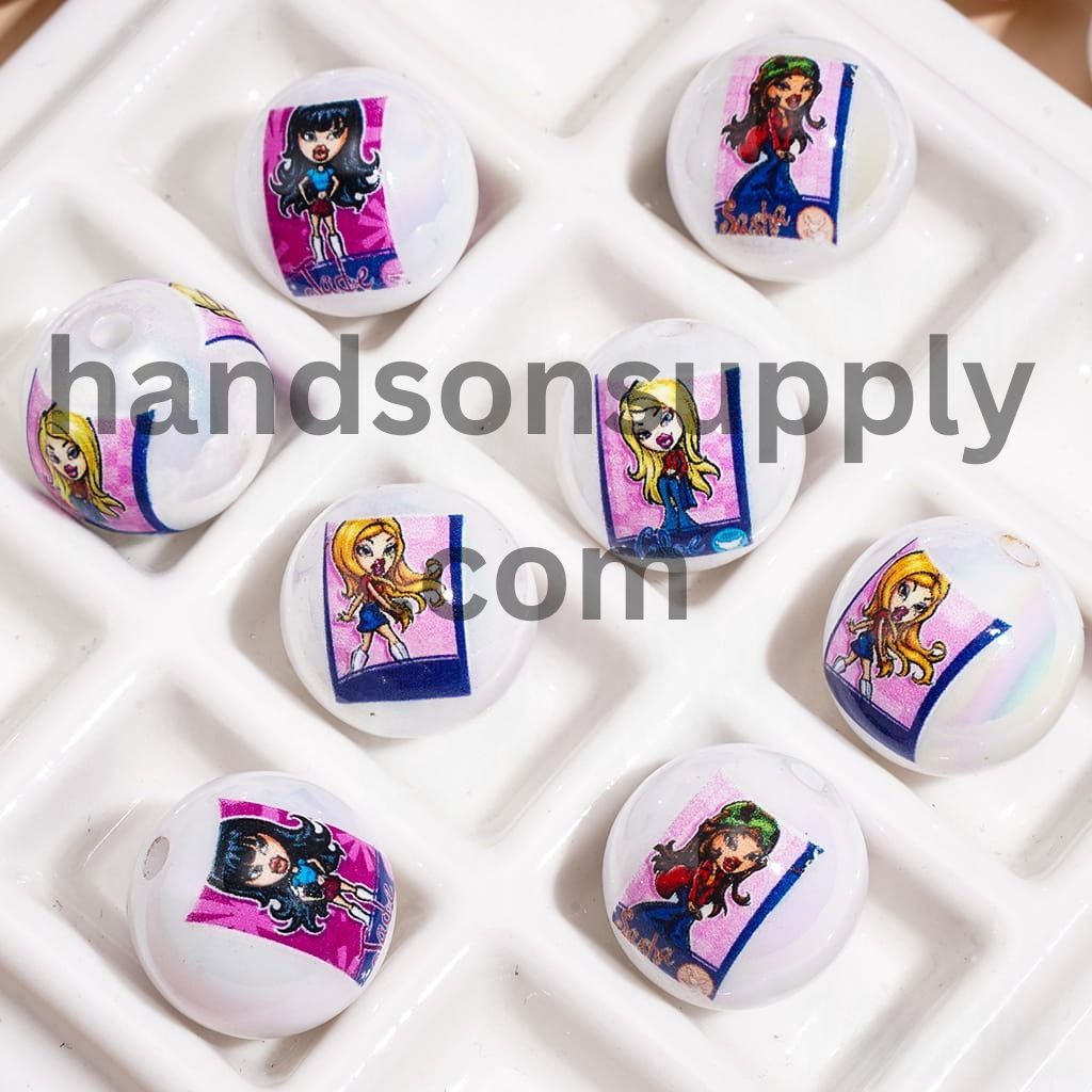 UV-Coated Gothic Style Fashion Doll Character Series Printed Round Acrylic Beads for Bracelets, 16MM, Random Mix