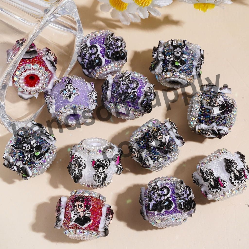 Gothic Cartoon Villain Characters & Tiny Iridescent Bubble Balls Handmade Acrylic Beads with Rhinestones & White Pearl Chains, 20MM, Multi-Color, Random Mix