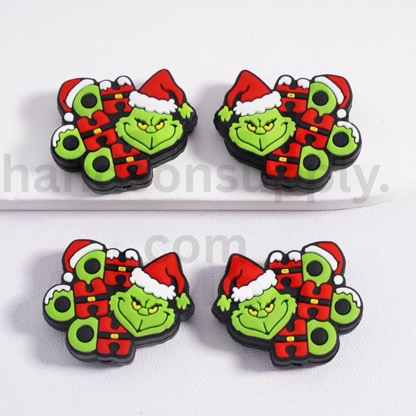Grinchmas Mischief Green Monster with Santa Christmas Hat Silicone Focal Beads