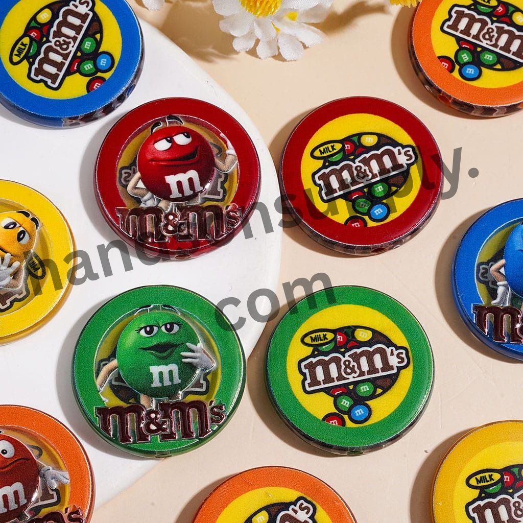 Colorful Candy Chip Character Style with Various Face Expressions Flat Back Round Acrylic Beads, 31MM Random Mix