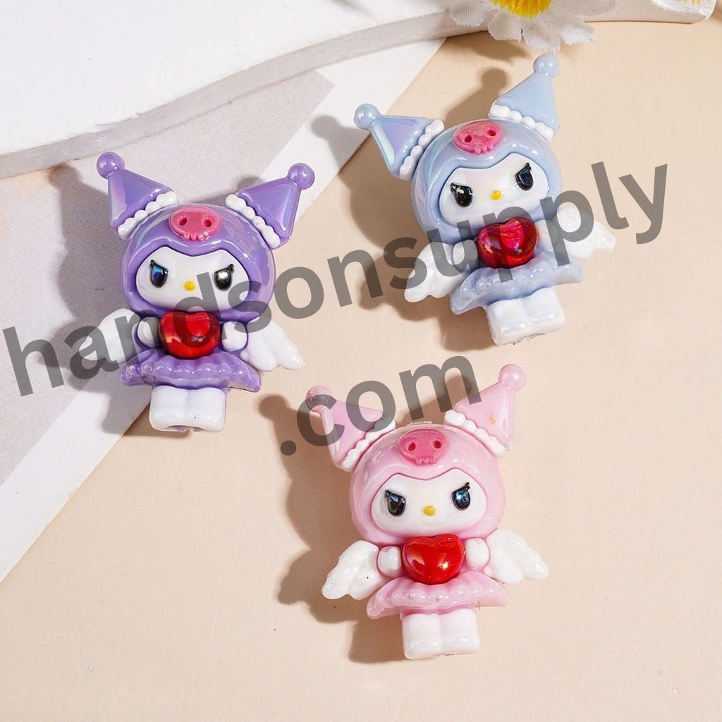 UV Coating Cute Angel & Evil Girl Character Soft PVC Rubber Beads with Wings & Heart Height 32MM, Multi-Color Random Mix