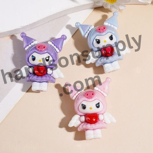 UV Coating Cute Angel & Evil Girl Character Soft PVC Rubber Beads with Wings & Heart Height 32MM, Multi-Color Random Mix