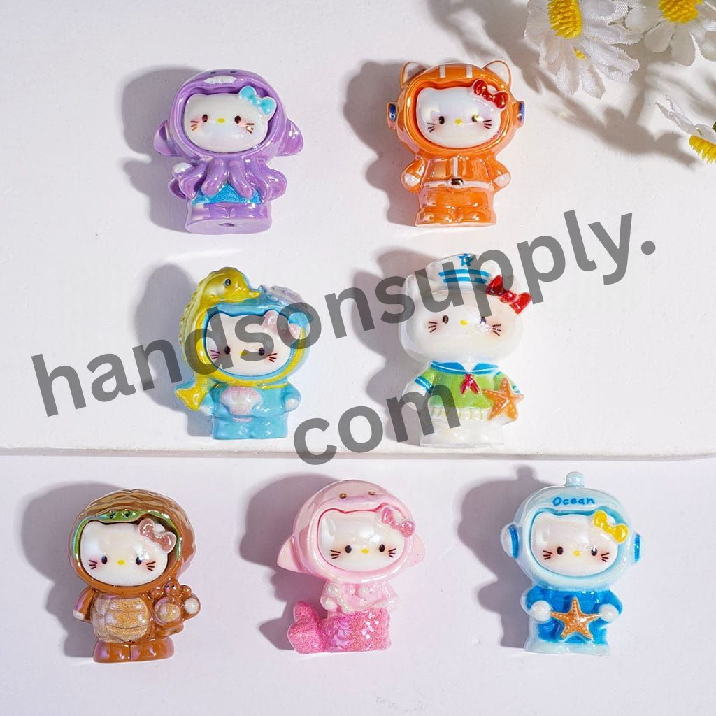UV-Coated Cute Cat Character Wearing Ocean & Animal Costumes Acrylic Beads, Various Styles Random Mix