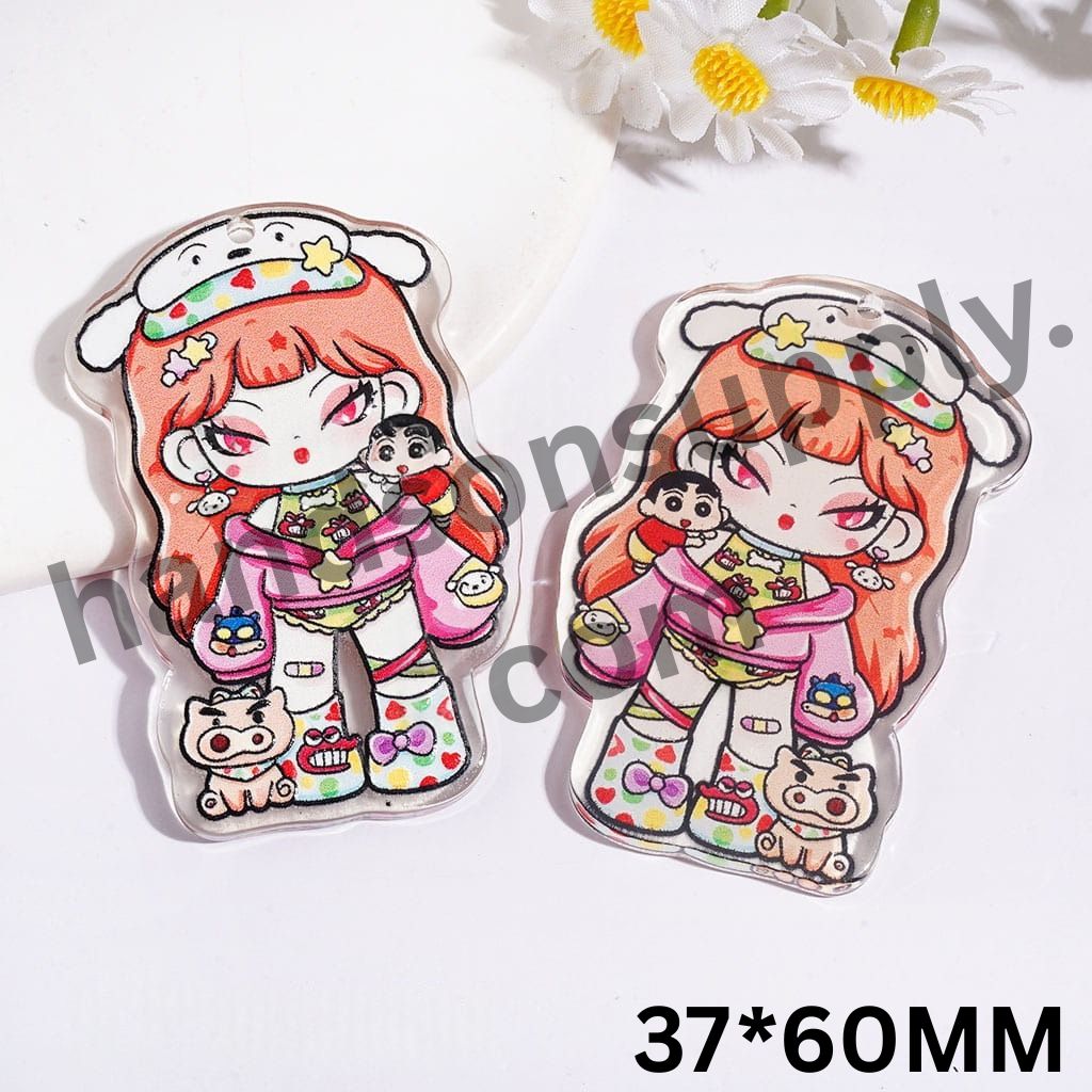 Cute Anime Girl with Orange-Hair, Puppy Hat Design, Tiny Animal & character Details Single-Sided Print Transparent Acrylic Pendants, 37*60MM,