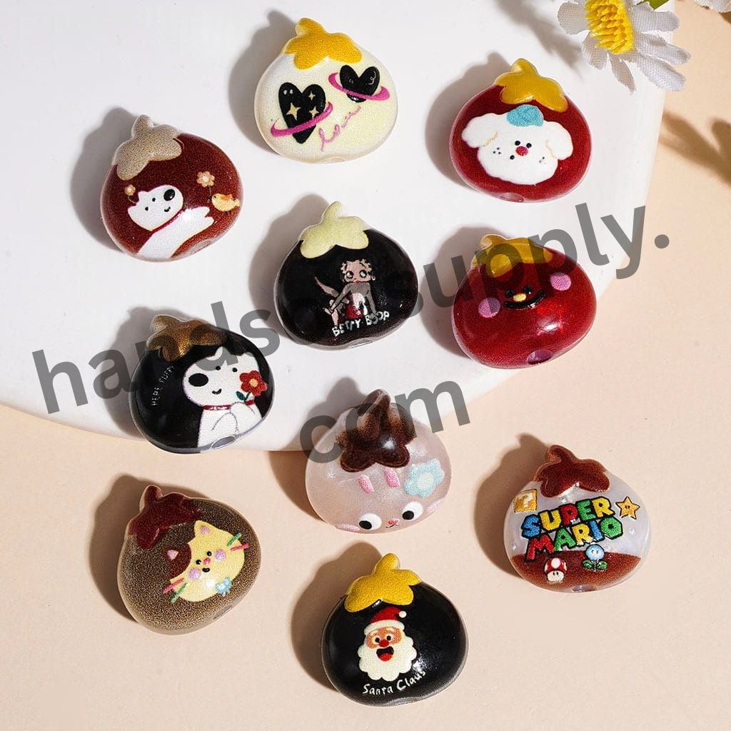 Cute Chestnut Shape Acrylic Beads with Santa Claus, Cat, Dog, Heart & Cartoon Girl Characters, 17*17MM, Multi Designs Random Mix