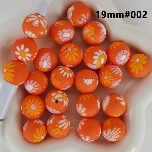 Large Orange Cute Flowers Printed Round Silicone Beads 19MM, Number 002