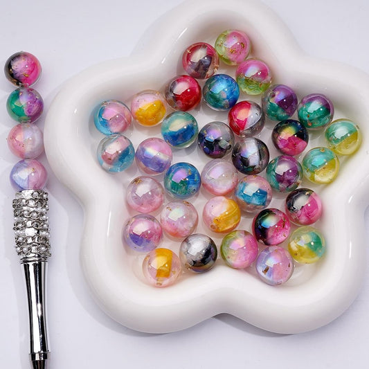 Double Color Resin Heart Beads with Gold Foil Clear Round Acrylic Design, Random Mix, 16MM