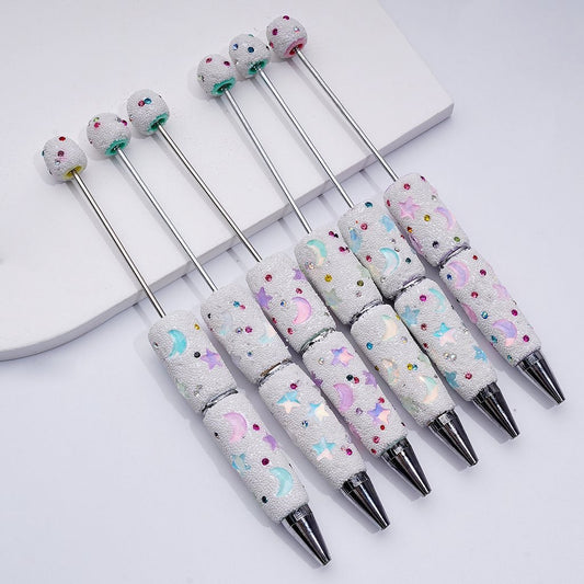 Clay Beadable Pens – Decorated with Cute Stars, Crescent Moons, Colorful Rhinestones & Mini White Snowballs