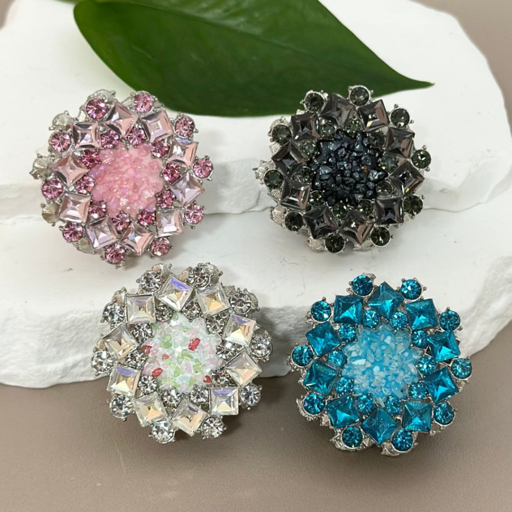 Fancy Bling Bling Large Silver Alloy Flowers with  Mini Stones, Colorful Shiny Rhinestones, Clay Beads, Around 40mm