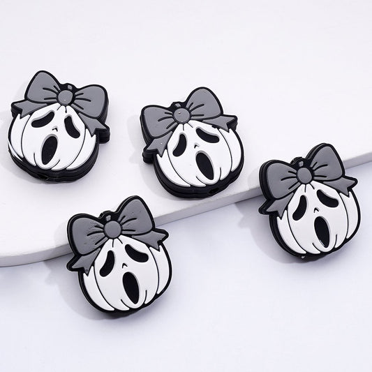 Halloween Silicone Focal Beads – White Pumpkin with Spooky Ghost Face and Gray Bowknot