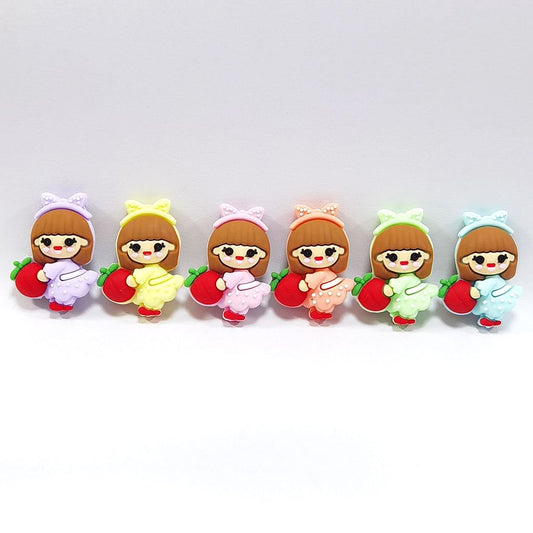 Charming Silicone Focal Beads Cute Girls with Hairbands Holding Red Apples, Random Mix