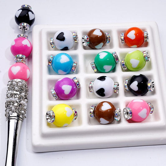 Colorful Heart Pattern Acrylic Beads Round Design with Silver Alloy Mini Spacers, Assorted Mix, 16MM