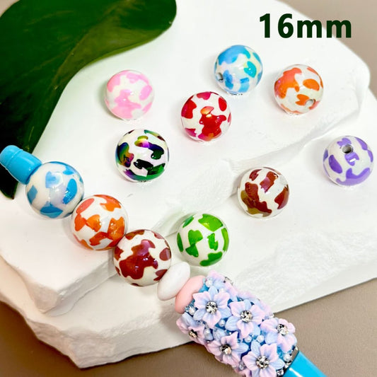 UV Coating Adorable White Acrylic Beads with Different Color Cow Prints Random Mix 16MM