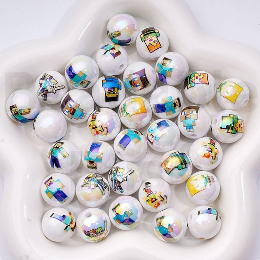 UV Coating White Acrylic Beads Sandbox Game Character Series, Round Shape, Mixed Set, 16MM