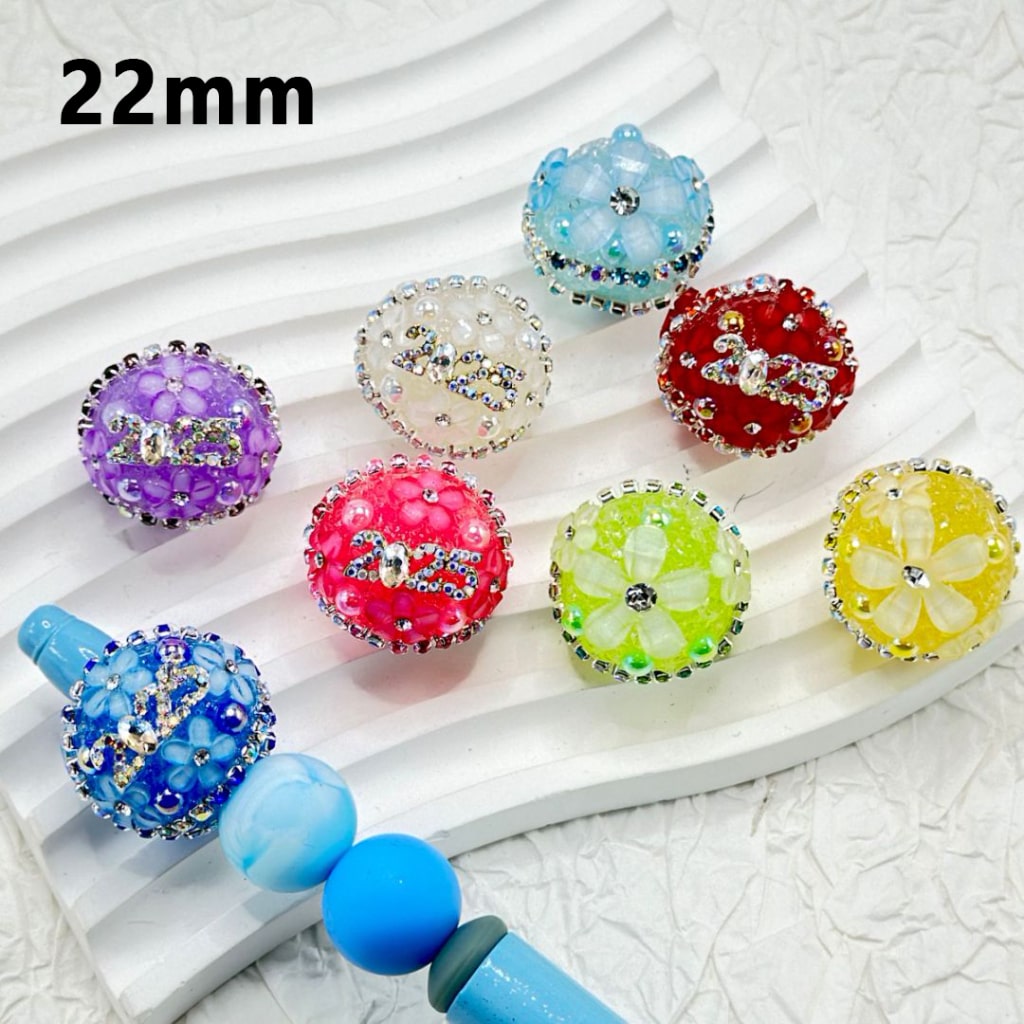 Round Sugar Acrylic Beads with Colorful Flower Shiny Pearls 2025 Alloy Luxury Metal Nail Art Rhinestones Crystal chain Jewelry Accessory, 22MM