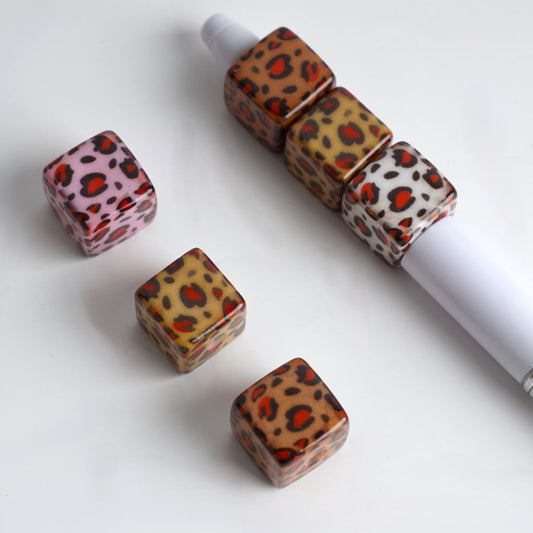 Jaguar Prints Cute Colorful Square Cube Acrylic Beads, Random Mix, Around 15MM