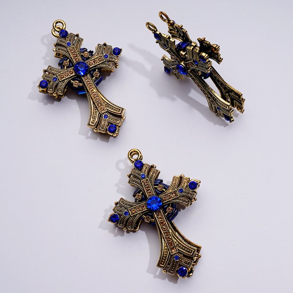 Elegant Dark Gold Alloy Cross with Sparkling Rhinestones, Small Ring & Clay Beads Approx. 74x52MM