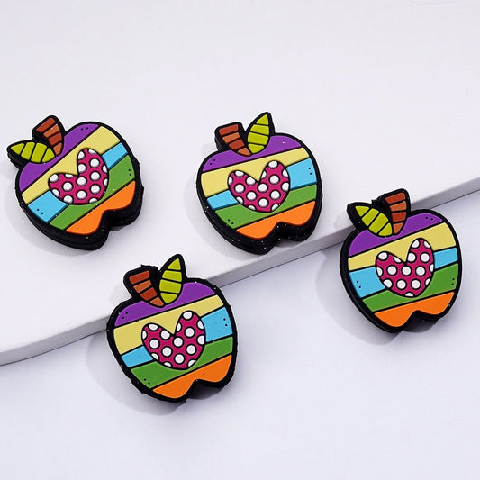 Rainbow Apple Silicone Focal Beads with Pink Heart and White Spot Design
