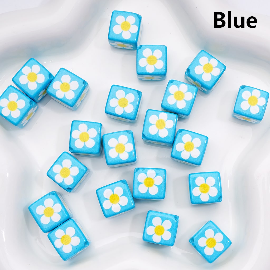 Square Cube with Mini Flowers 12MM Solid Colors Acrylic Beads Single Color Option