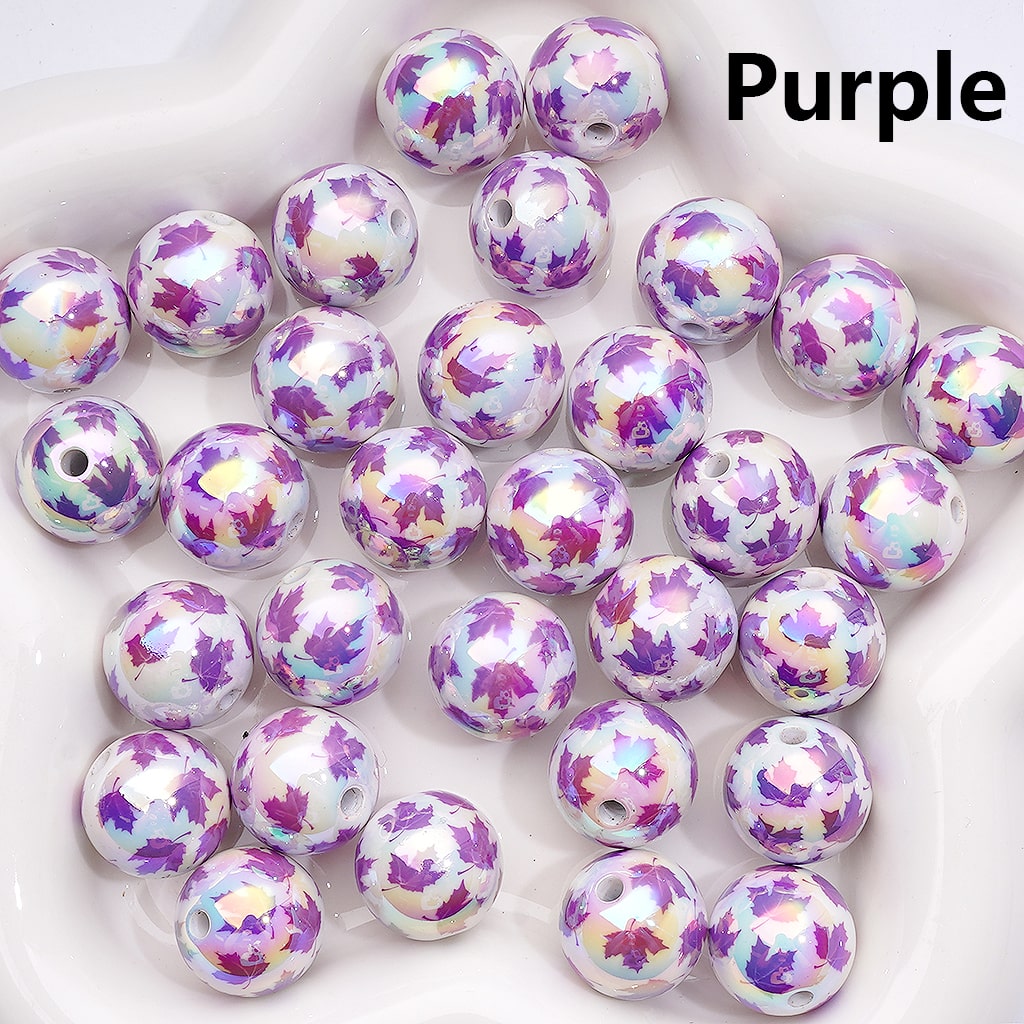 UV Coated Maple Leaf Print Multi-Color Round Acrylic Beads 16mm（Single Color is available for 200pcs(Whole Bag))