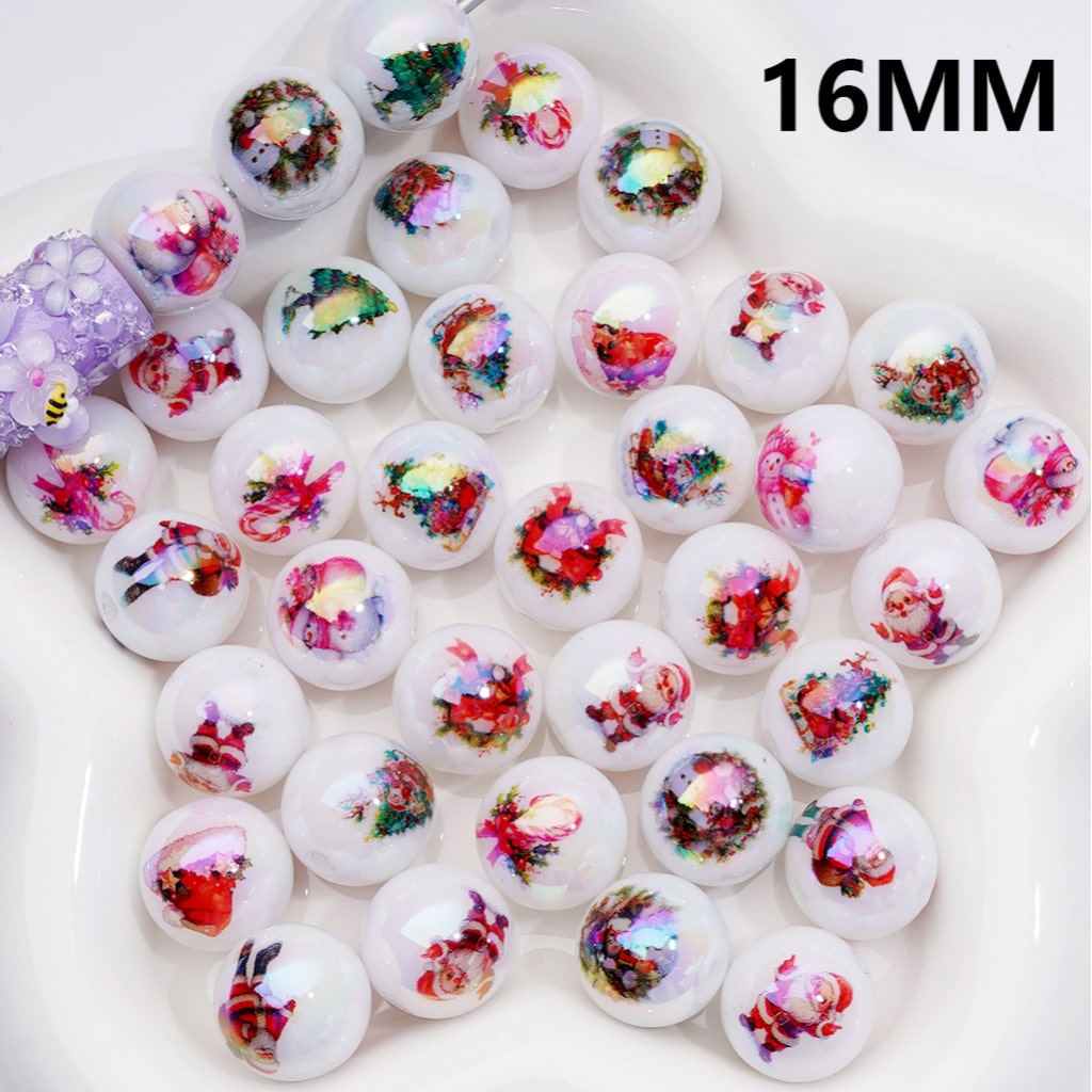 UV Coating Father Christmas Tree Snowman Candy Cane Wreath, Christmas Series Round Acrylic Beads 16MM, Random Mix