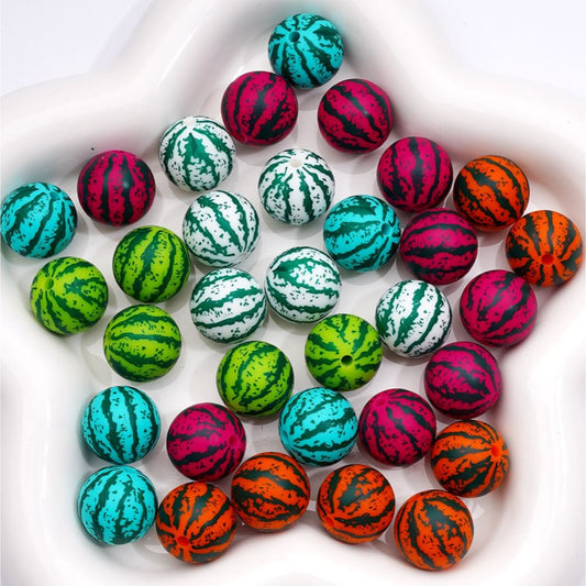 Watermelon Stripe Round Printed Design Multi-Color Style Silicone Beads Z-00281 15MM