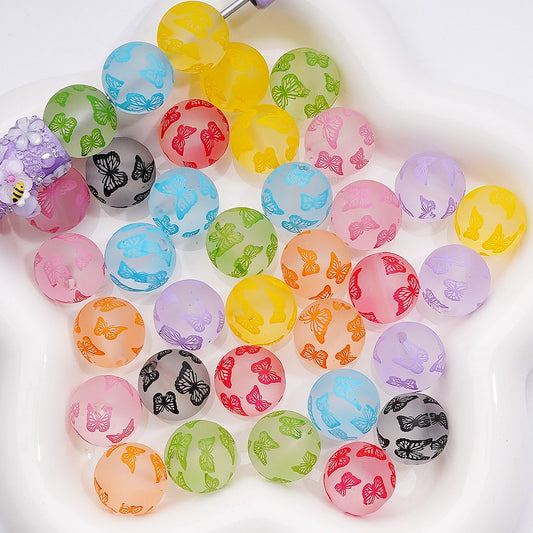 Butterfly Print Round Frosted Acrylic Beads Multicolor or Single Color 16MM (Single Color is available for 200pcs(Whole Bag))