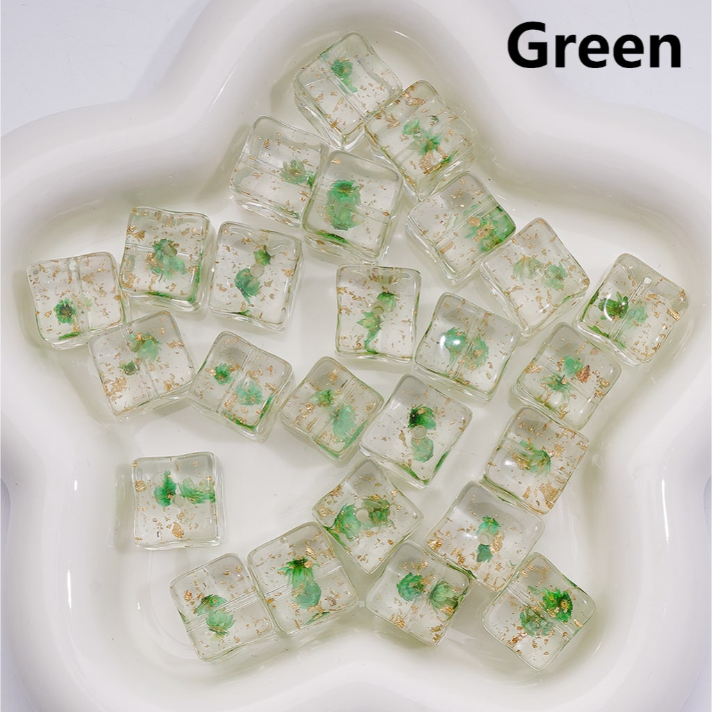 Multi-Color Clear Cube Square Acrylic Beads 14–15MM Dried Flowers Gold Foil Paper Inside (Single Color is available for 200pcs Whole bag)