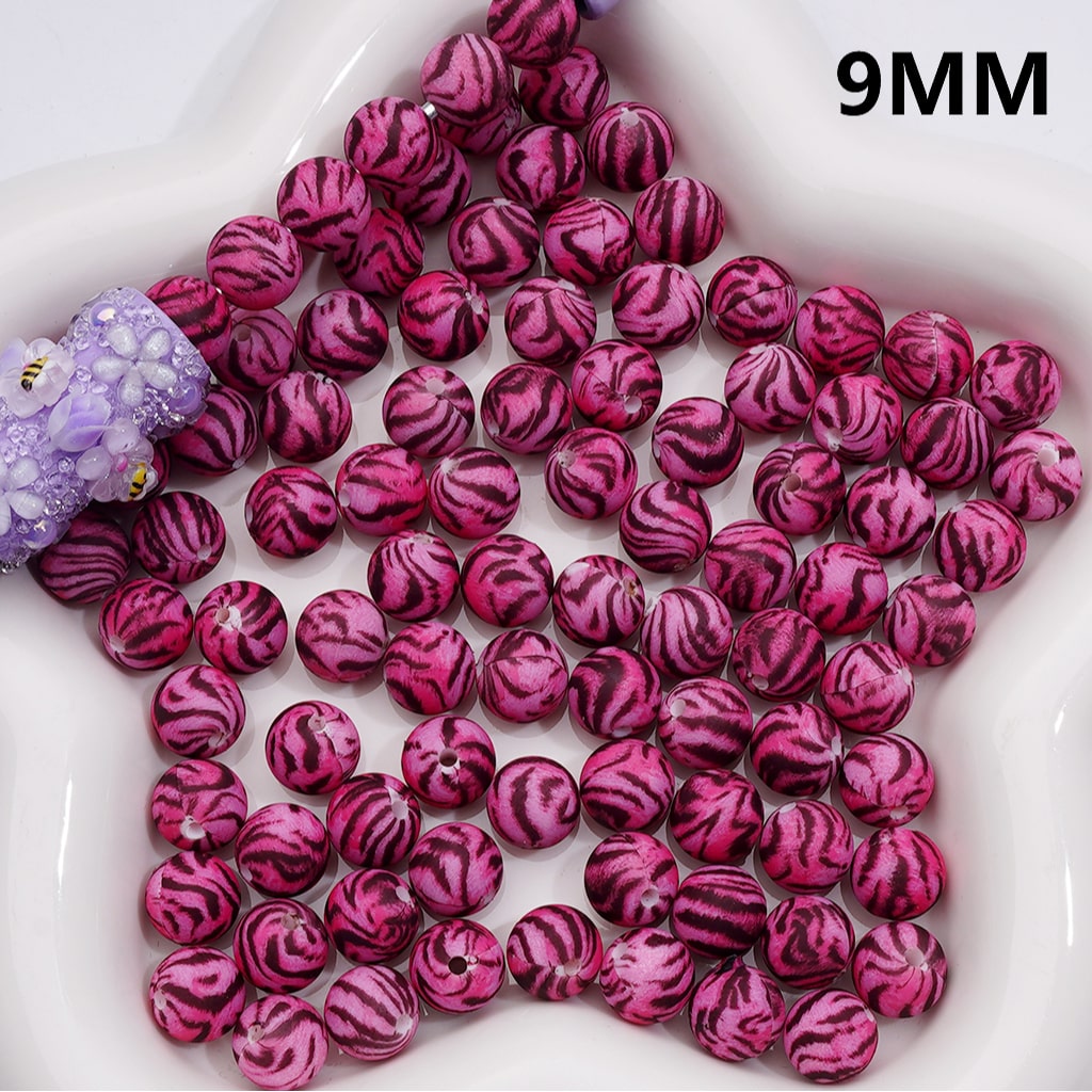Pink Silicone Beads with Brown Black Stripes Print, 9MM, Number Z-00258