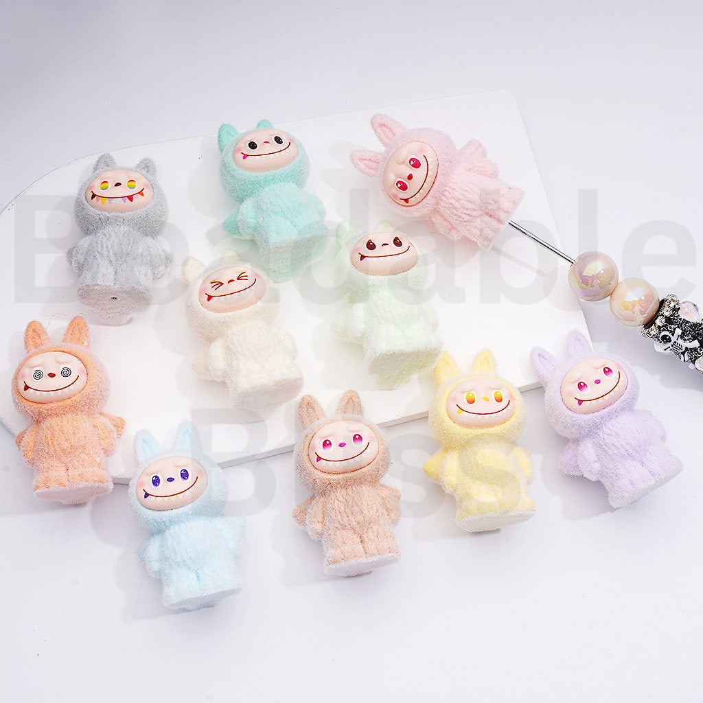 Flocked Labub Monster with Wings Po Mar Style Acrylic Pen Topper Beads Solid Colors 56×34MM