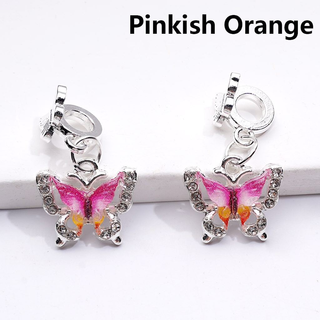 Silver Color Metal Beads with Bail Dangle Charm Pendant Jewelry Accessories Double‑Color Butterfly Rhinestones