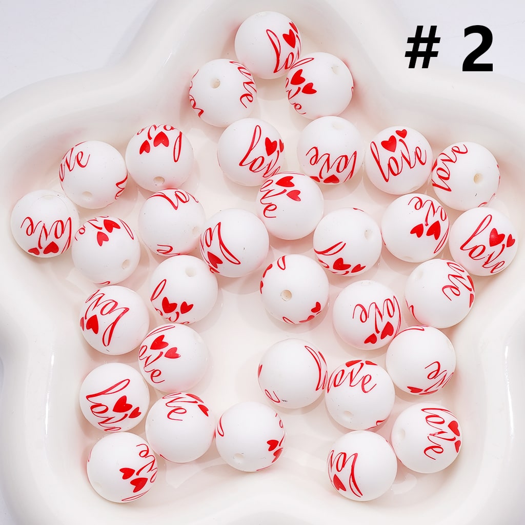 White with Red Love Heart Print Valentine’s Day Silicone Beads 15MM Numer Z-00282