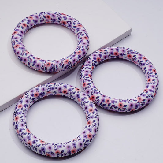 Cute Ring Frame Pink Purple Flowers Prints Soft Car Hanger Charm Circle Round Silicone Bead 65MM