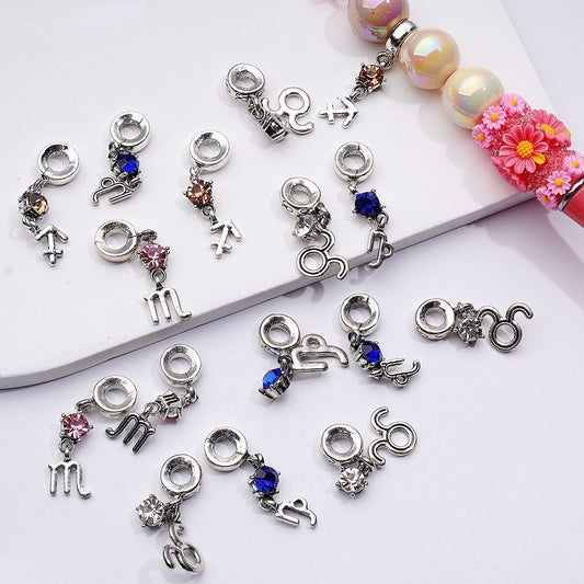 Zodiac Sign Pendants Fancy Silver Alloy Charms with Shiny Rhinestone Bail Beads, Jewelry Accessories Random Mix